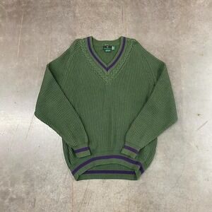 Vintage Abercrombie Fitch Green Cable Knit V Neck Sweater Oversized Womens Sz M